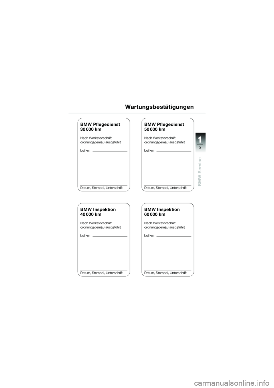 BMW MOTORRAD K 1200 RS 2004  Betriebsanleitung (in German) 5
BMW Service
1
Wartungsbestätigungen
BMW Inspektion
40 000 km
Nach Werksvorschrift
ordnungsgemäß ausgeführt
bei km
Datum, Stempel, Unterschrift
BMW Inspektion
60 000 km
Nach Werksvorschrift
ordnu