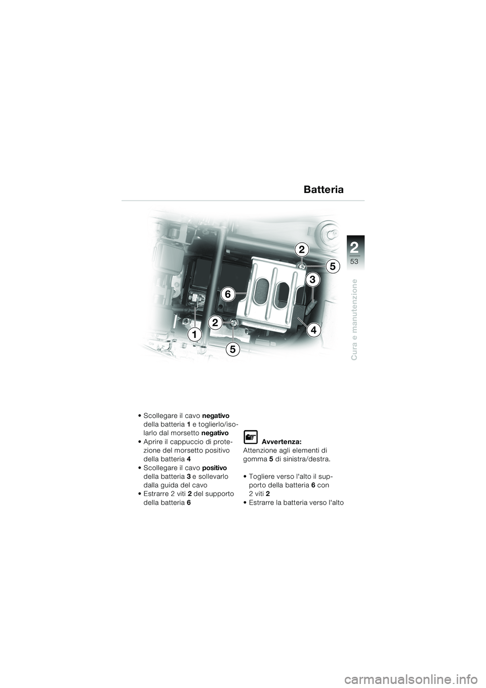 BMW MOTORRAD K 1200 RS 2004  Libretto di uso e manutenzione (in Italian) 53
Cura e manutenzione
2
4
6
1
3
2
5
5
2
 Scollegare il cavo negativo 
della batteria 1 e toglierlo/iso-
larlo dal morsetto  negativo
 Aprire il cappuccio di prote- zione del morsetto positivo 
dell