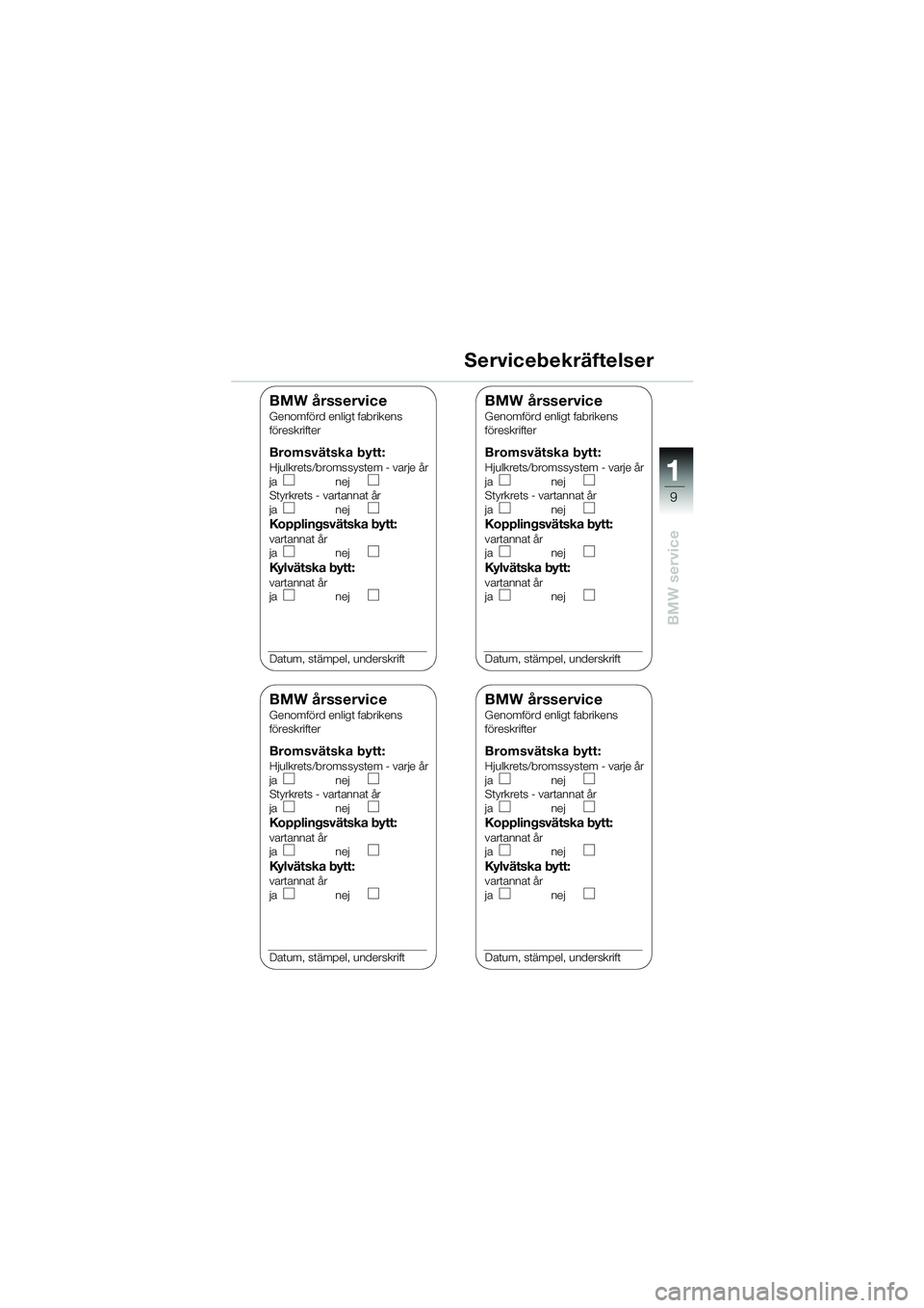 BMW MOTORRAD K 1200 RS 2004  Instruktionsbok (in Swedish) 9
BMW service
1
Servicebekräftelser
BMW årsserviceGenomförd enligt fabrikens
föreskrifter
Bromsvätska bytt:Hjulkrets/bromssystem - varje år
janej
Styrkrets - vartannat år
ja nej
Kopplingsvätsk