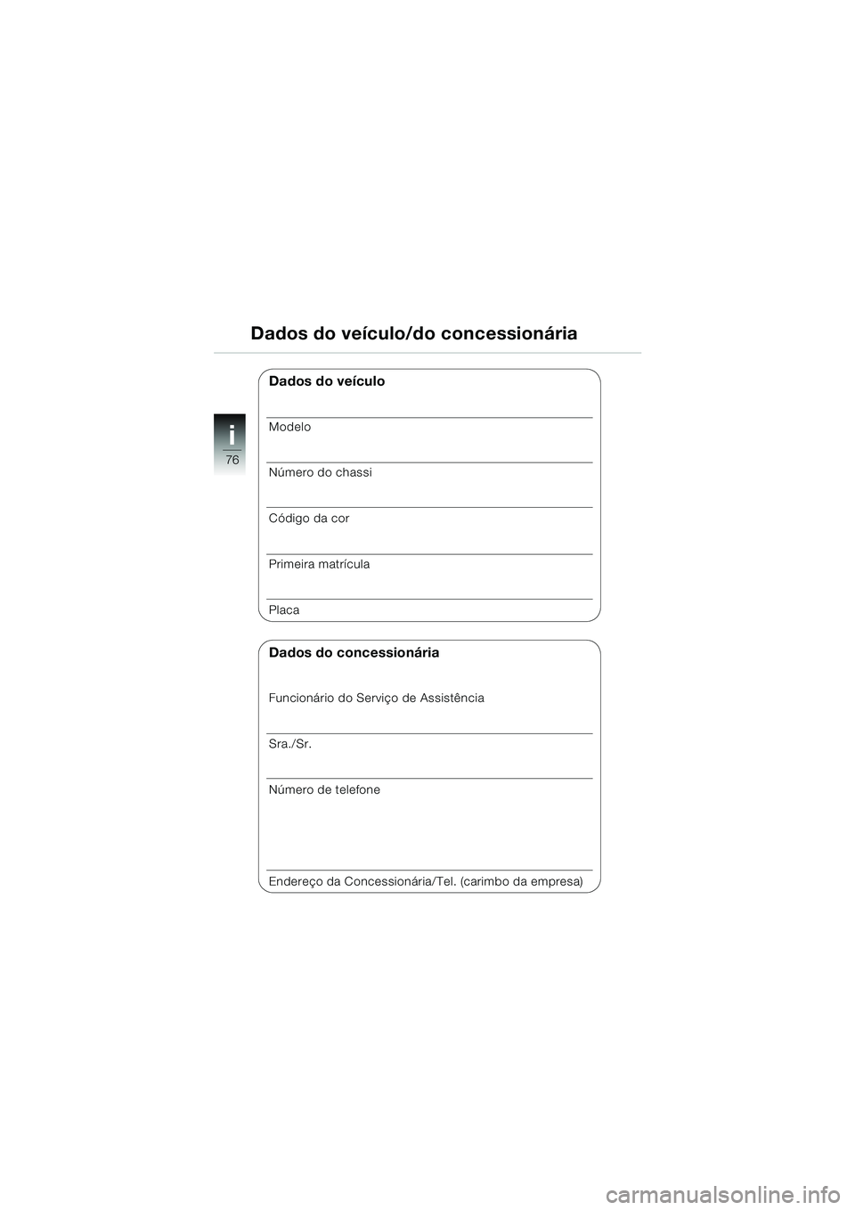 BMW MOTORRAD K 1200 RS 2004  Manual do condutor (in Portuguese) 76
i
Dados do veículo/do concessionária
Dados do veículo
Modelo
Número do chassi
Código da cor
Primeira matrícula
Placa
Dados do concessionária
Funcionário do Serviço de Assistência
Sra./Sr.