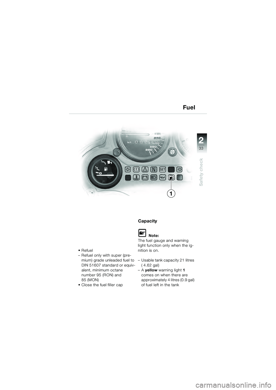BMW MOTORRAD K 1200 GT 2004  Riders Manual (in English) 22
33
Safety check
2
•Refuel
– Refuel only with super (pre-mium) grade unleaded fuel to 
DIN 51607 standard or equiv-
alent, minimum octane 
number 95 (RON) and 
85 (MON)
• Close the fuel filler