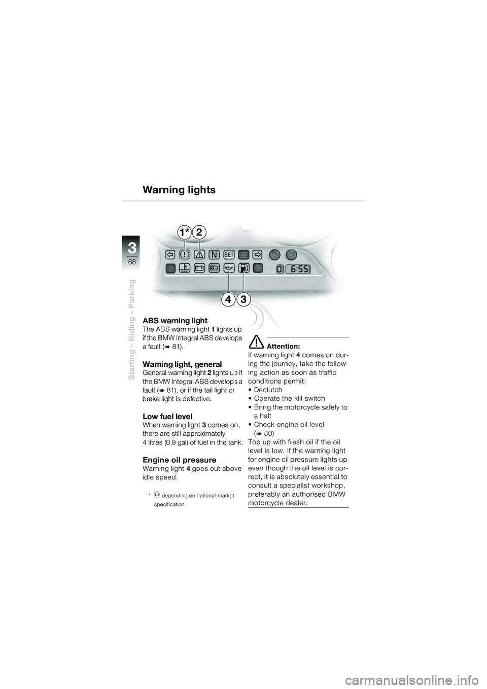 BMW MOTORRAD K 1200 GT 2004 Riders Manual (in English) 68
Starting – Riding – Parking
3
ABS warning lightThe ABS warning light 1 lights up
if the BMW Integral ABS develops
a fault (
81).
Warning light, general General warning light 2 lights up if BMW MOTORRAD K 1200 GT 2004 Riders Manual (in English) 68
Starting – Riding – Parking
3
ABS warning lightThe ABS warning light 1 lights up
if the BMW Integral ABS develops
a fault (
81).
Warning light, general General warning light 2 lights up if