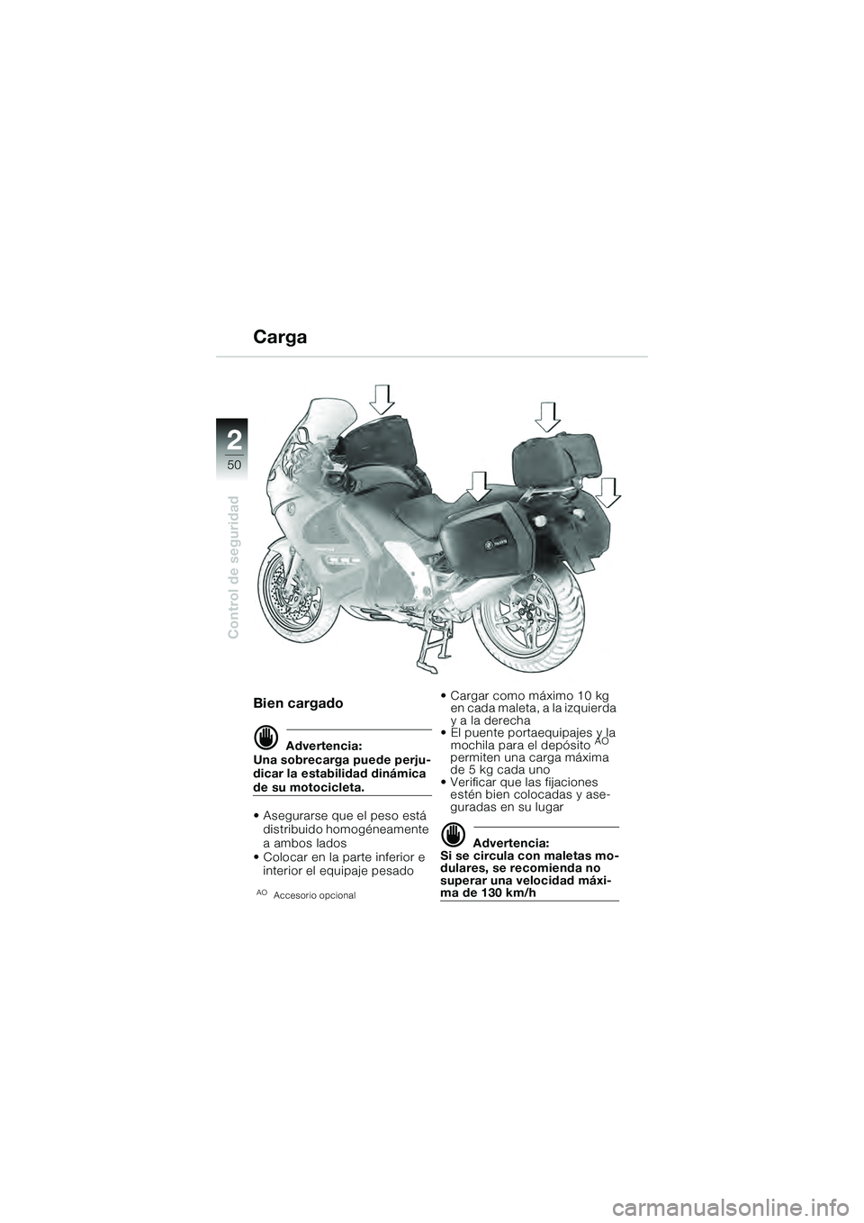 BMW MOTORRAD K 1200 GT 2004  Manual de instrucciones (in Spanish) 50
Control de seguridad
2
Bien cargado
 Advertencia:
Una sobrecarga puede perju-
dicar la estabilidad dinámica 
de su motocicleta.
• Asegurarse que el peso está  distribuido homogéneamente 
a am