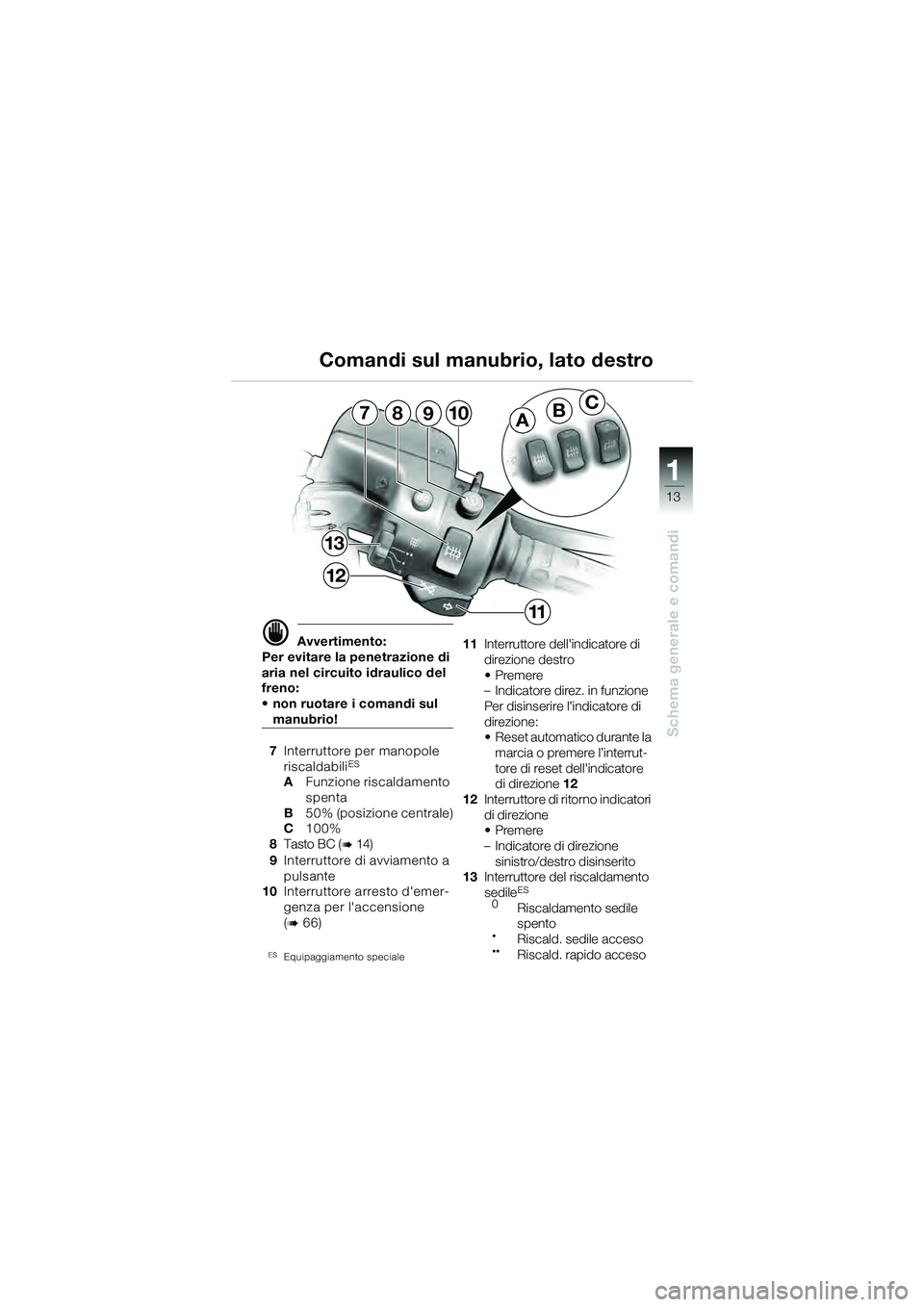 BMW MOTORRAD K 1200 GT 2004 Libretto di uso e manutenzione (in Italian) 13
Schema generale e comandi
1
ABC7
13
12
10
11
98
Avvertimento:
Per evitare la penetrazione di
aria nel circuito idraulico del
freno:
• non ruotare i comandi sul
manubrio!
7 Interruttore per BMW MOTORRAD K 1200 GT 2004 Libretto di uso e manutenzione (in Italian) 13
Schema generale e comandi
1
ABC7
13
12
10
11
98
Avvertimento:
Per evitare la penetrazione di
aria nel circuito idraulico del
freno:
• non ruotare i comandi sul
manubrio!
7 Interruttore per