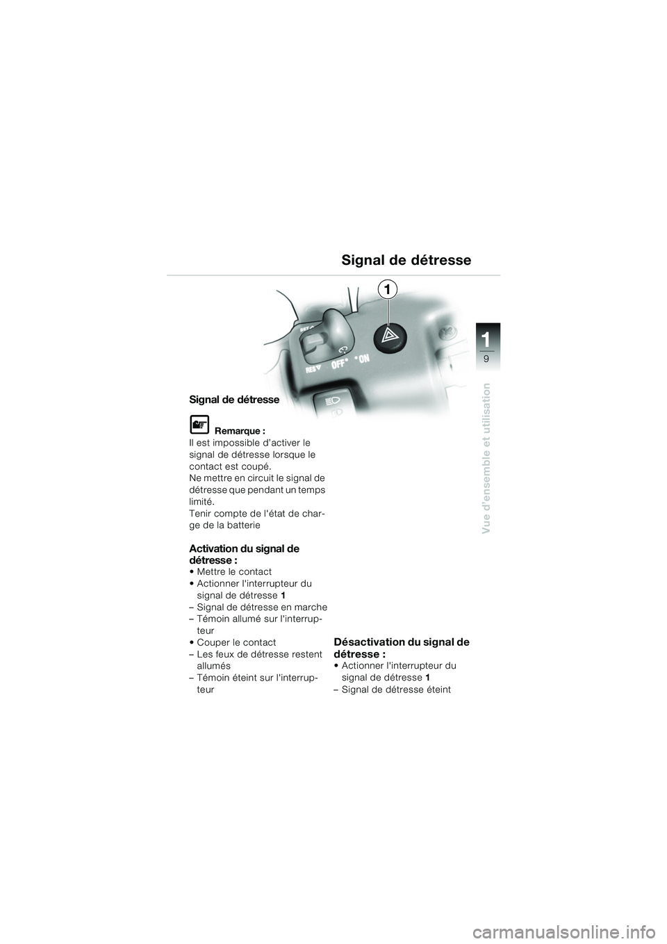 BMW MOTORRAD K 1200 GT 2002  Livret de bord (in French) 9
Vue d’ensemble et utilisation
1
Signal de détresse
L Remarque :
Il est impossible d’activer le 
signal de détresse lorsque le 
contact est coupé.
Ne mettre en circuit le signal de 
détresse 