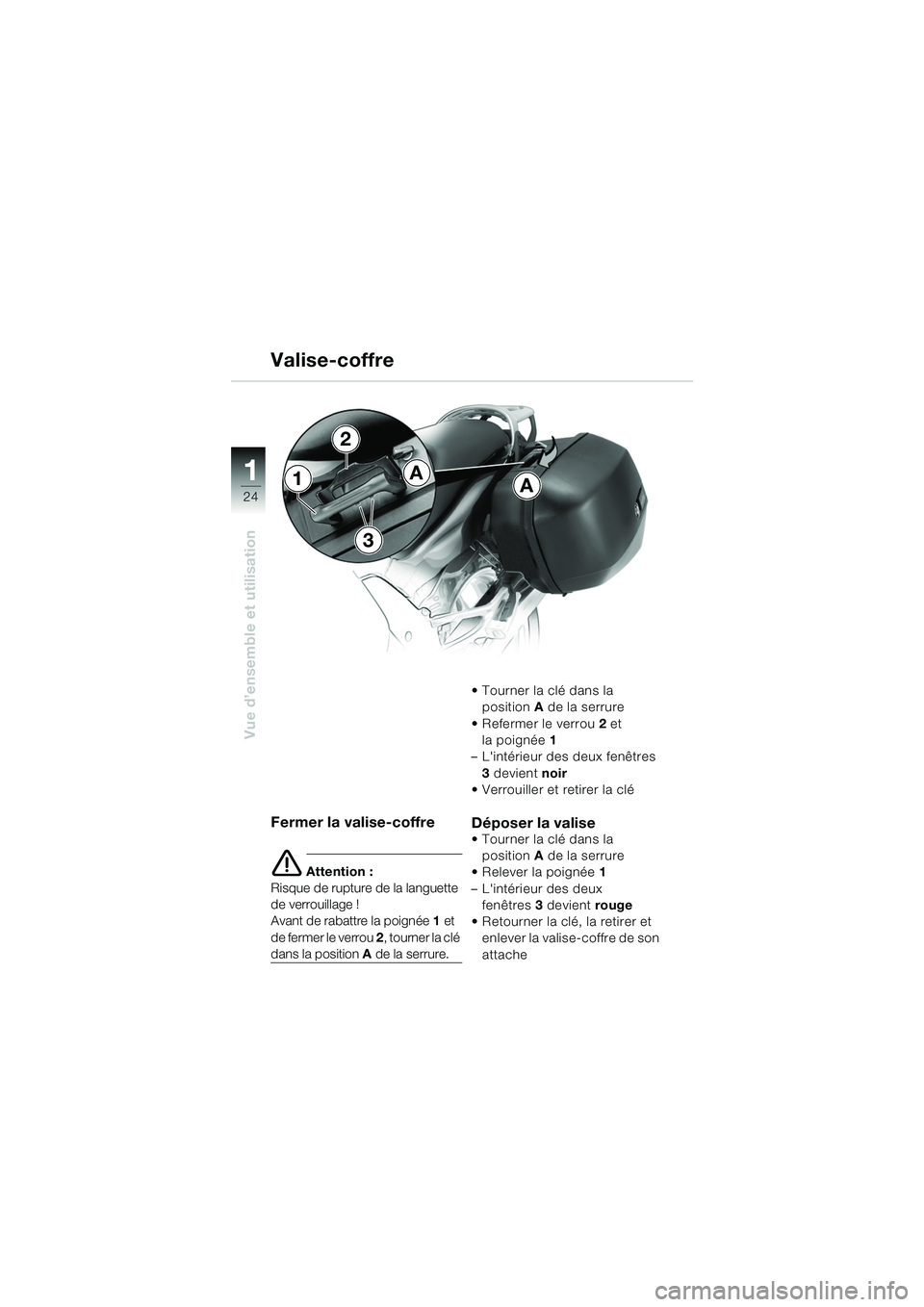BMW MOTORRAD K 1200 GT 2002  Livret de bord (in French) 24
Vue d’ensemble et utilisation
1
Fermer la valise-coffre
e Attention :
Risque de rupture de la languette 
de verrouillage !
Avant de rabattre la poignée  1 et 
d e  f e r m e r  l e  v e r r o u 