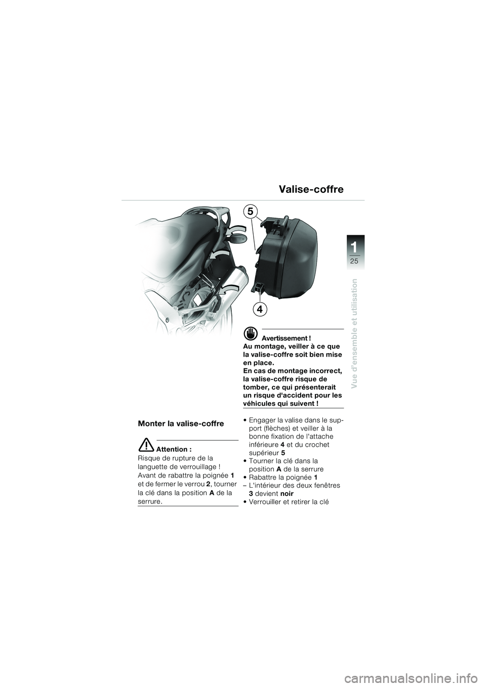 BMW MOTORRAD K 1200 GT 2002  Livret de bord (in French) 25
Vue d’ensemble et utilisation
1
Valise-coffre
Monter la valise-coffre
e Attention :
Risque de rupture de la 
languette de verrouillage !
Avant de rabattre la poignée  1 
e t  d e  f e r m e r  l
