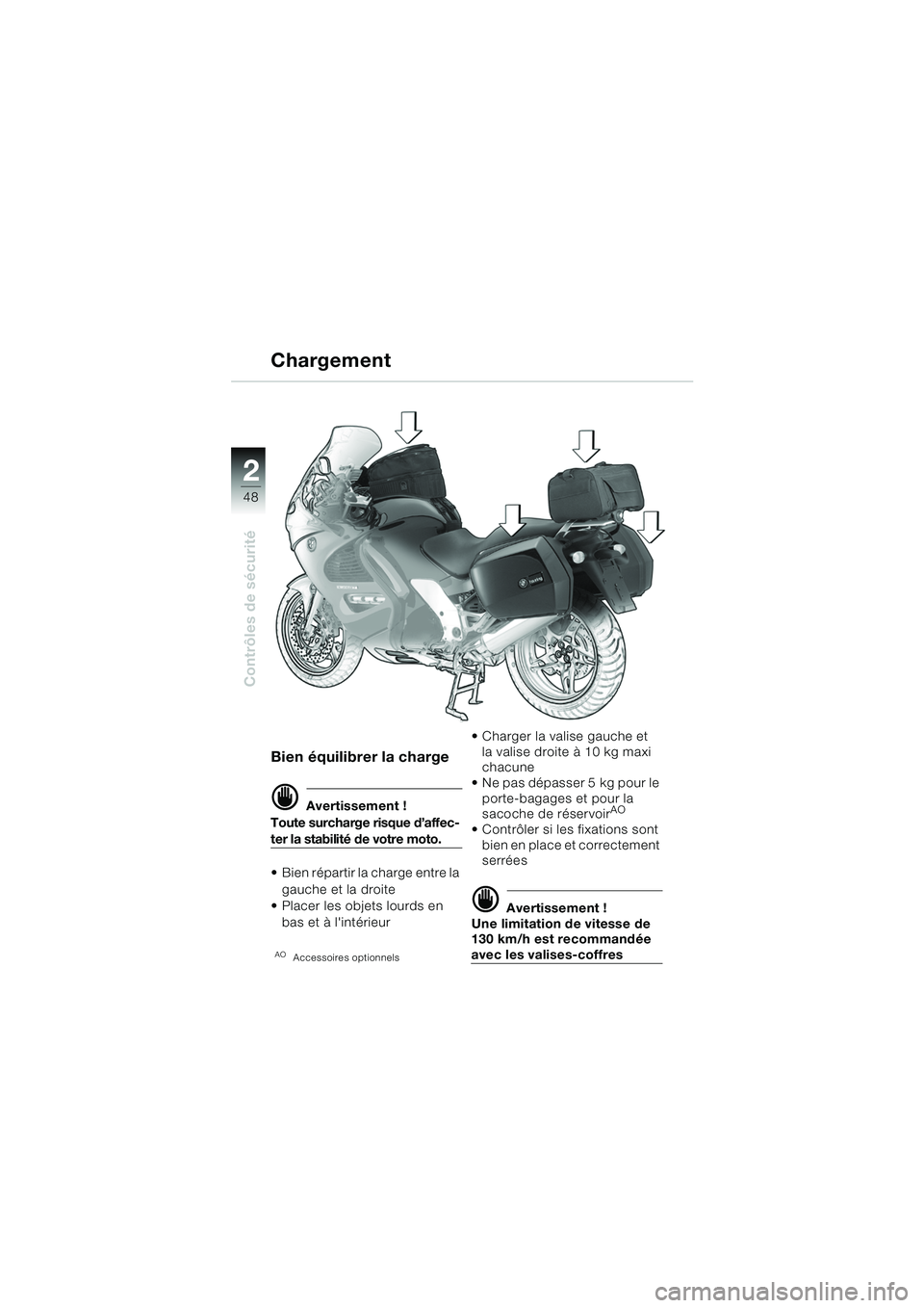 BMW MOTORRAD K 1200 GT 2002  Livret de bord (in French) 48
Contrôles de sécurité
2
Bien équilibrer la charge
d Avertissement !
Toute surcharge risque d’affec-
ter la stabilité de votre moto.
 Bien répartir la charge entre la  gauche et la droite

