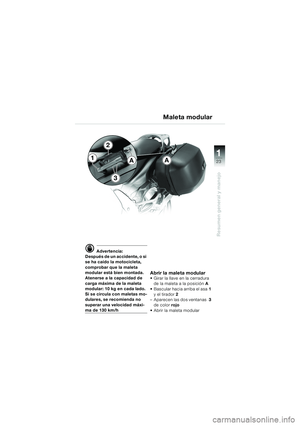 BMW MOTORRAD K 1200 GT 2002  Manual de instrucciones (in Spanish) 23
Resumen general y manejo
1
d Advertencia:
Después de un accidente, o si 
se ha caído la motocicleta, 
comprobar que la maleta 
modular está bien montada.
Atenerse a la capacidad de 
carga máxim