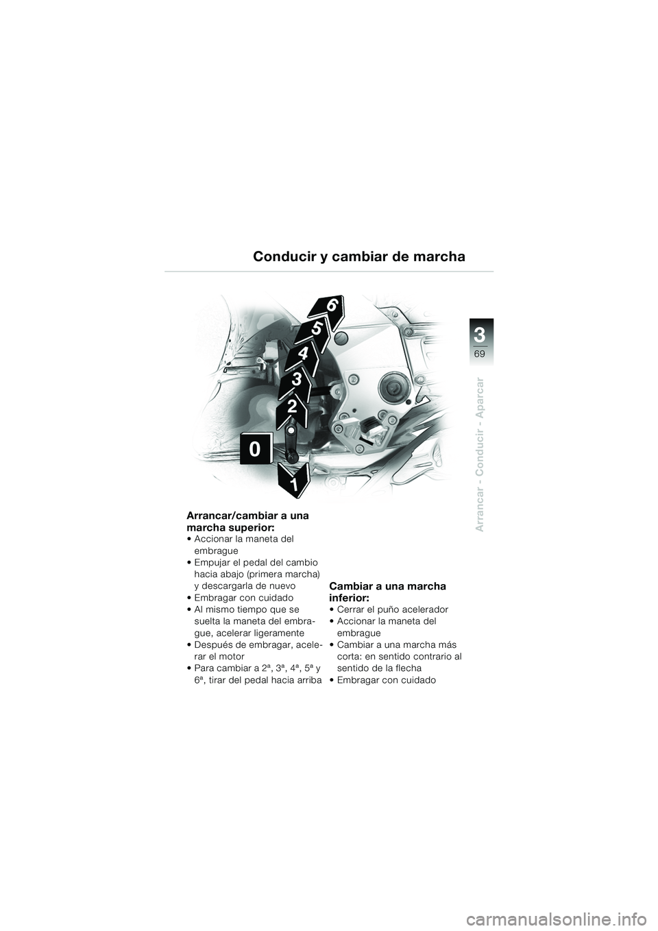 BMW MOTORRAD K 1200 GT 2002  Manual de instrucciones (in Spanish) 3
69
Arrancar - Conducir - Aparcar
Conducir y cambiar de marcha
Arrancar/cambiar a una 
marcha superior:
 Accionar la maneta del embrague
 Empujar el pedal del cambio 
hacia abajo (primera marcha) 
