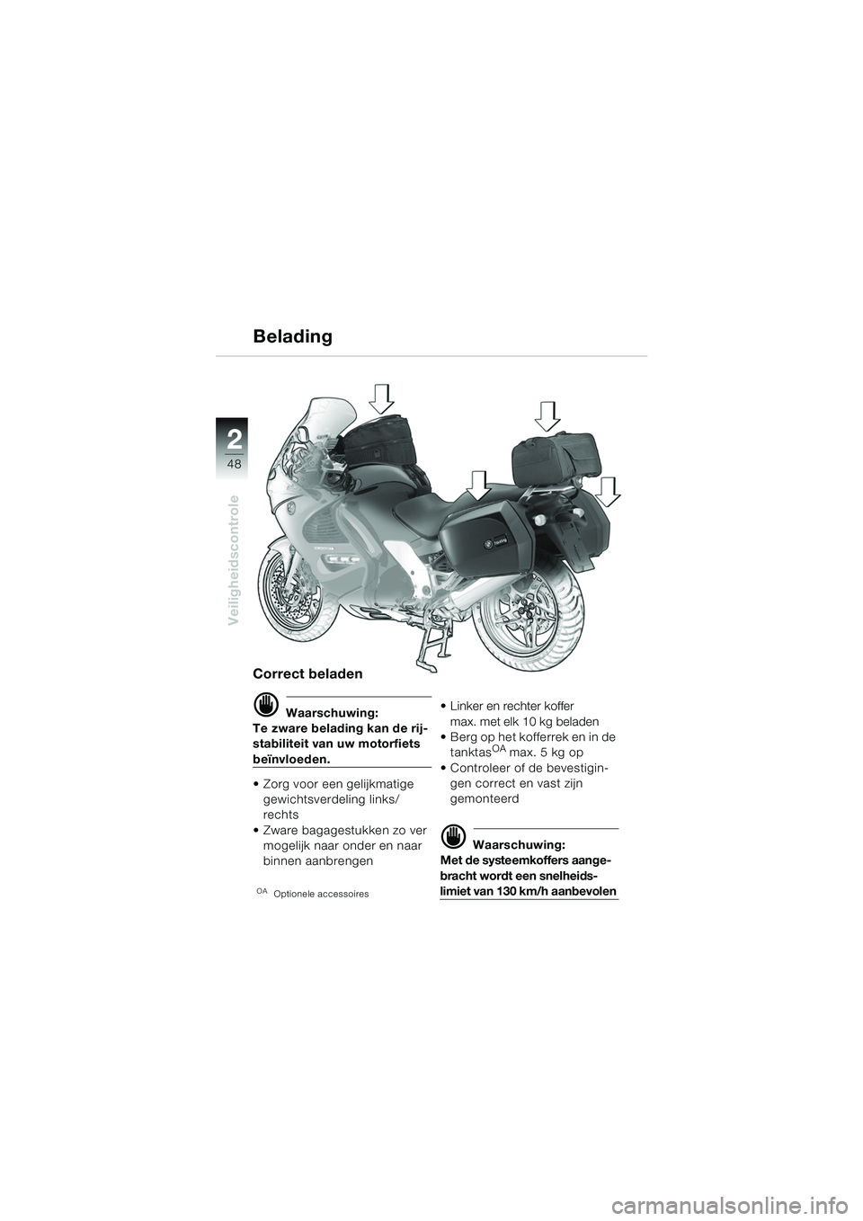 BMW MOTORRAD K 1200 GT 2002  Handleiding (in Dutch) 48
Veiligheidscontrole
2
Correct beladen
d Waarschuwing:
Te zware belading kan de rij-
stabiliteit van uw motorfiets 
beïnvloeden.
 Zorg voor een gelijkmatige  gewichtsverdeling links/
rechts
 Zwar