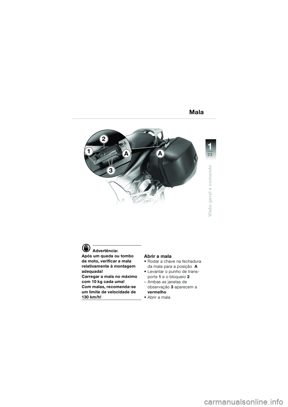 BMW MOTORRAD K 1200 GT 2002  Manual do condutor (in Portuguese) 23
Visão geral e comando
1
d Advertência:
Após um queda ou tombo 
da moto, verificar a mala 
relativamente à montagem 
adequada!
Carregar a mala no máximo 
com 10 kg cada uma!
Com malas, recomend