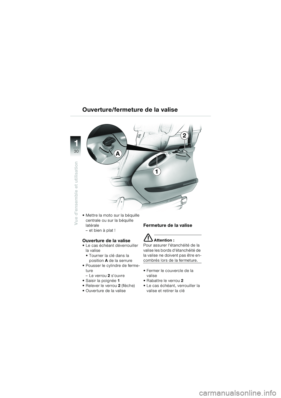 BMW MOTORRAD K 1200 LT 2002  Livret de bord (in French) 30
Vue d’ensemble et utilisation
1
Ouverture/fermeture de la valise
Mettre la moto sur la béquille 
centrale ou sur la béquille 
latérale
–et bien à plat !
Ouverture de la valiseLe cas éch