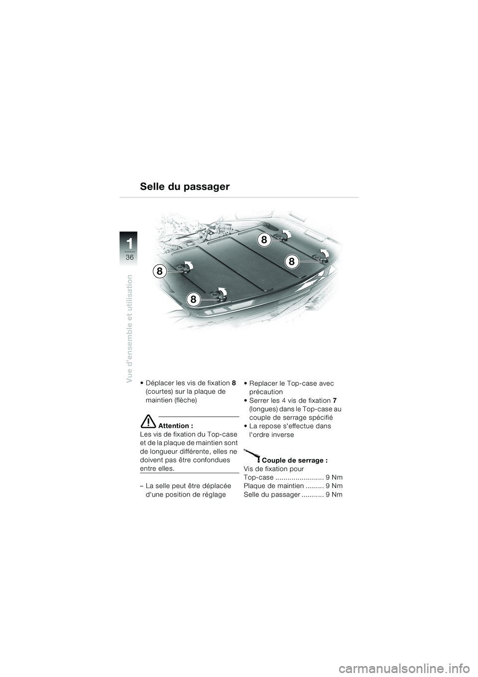 BMW MOTORRAD K 1200 LT 2002  Livret de bord (in French) 36
Vue d’ensemble et utilisation
1
Selle du passager
Déplacer les vis de fixation8 
(courtes) sur la plaque de 
maintien (flèche)
e Attention :
Les vis de fixation du Top-case 
et de la plaque de