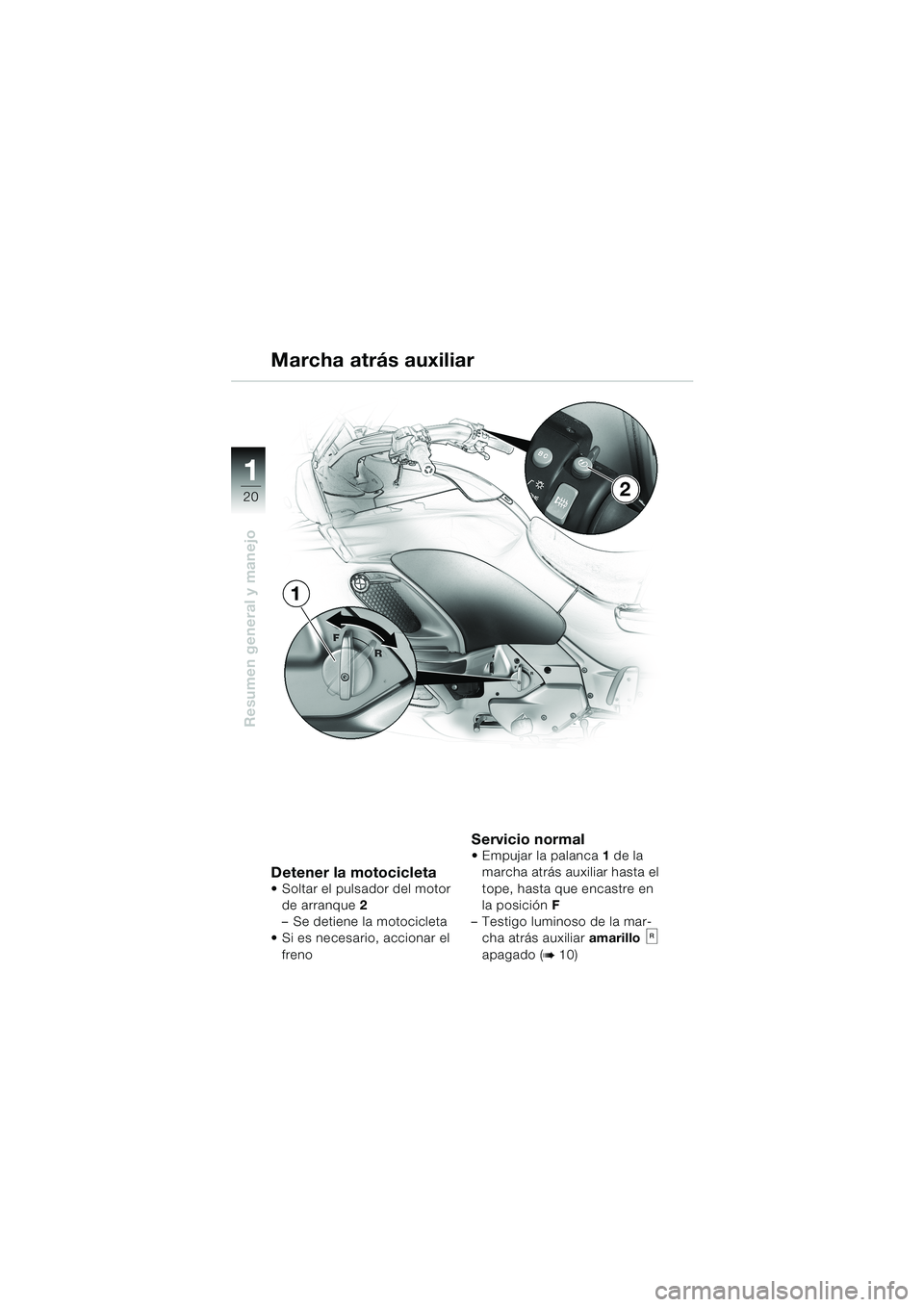 BMW MOTORRAD K 1200 LT 2002  Manual de instrucciones (in Spanish) 20
Resumen general y manejo
1
Marcha atrás auxiliar
Detener la motocicletaSoltar el pulsador del motor 
de arranque2 
–Se detiene la motocicleta
Si es necesario, accionar el 
freno
Servicio norma