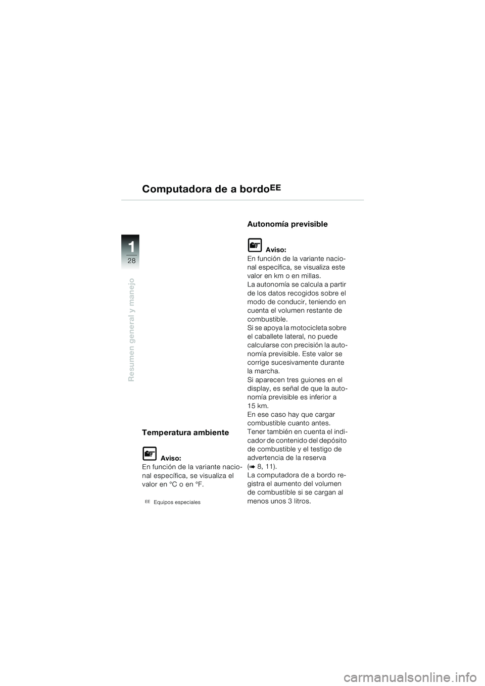 BMW MOTORRAD K 1200 LT 2002  Manual de instrucciones (in Spanish) 28
Resumen general y manejo
1
Computadora de a bordoEE
Temperatura ambiente
L Aviso:
En función de la variante nacio-
nal específica, se visualiza el 
valor en °C o en °F.
EEEquipos especiales
Aut