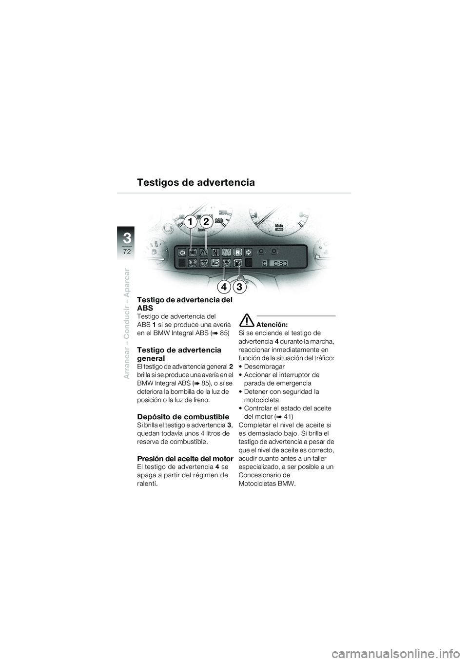 BMW MOTORRAD K 1200 LT 2002  Manual de instrucciones (in Spanish) 72
Arrancar – Conducir – Aparcar
3
12
34 Testigos de advertencia
Testigo de advertencia del 
ABS
Testigo de advertencia del 
ABS1 si se produce una avería 
en el BMW Integral ABS (
b 85)
Testigo 