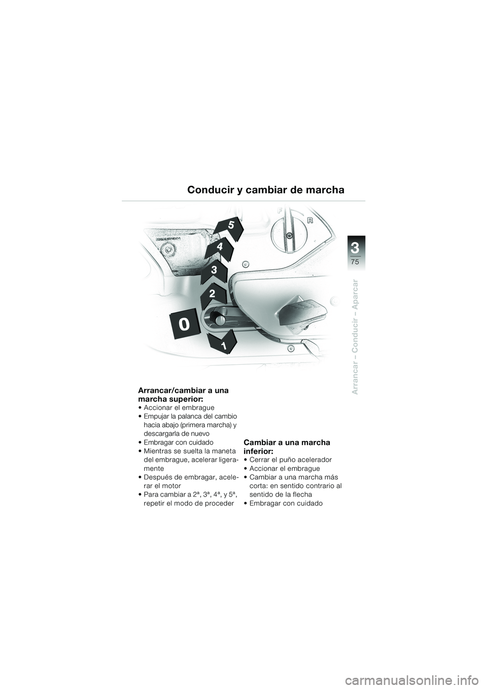 BMW MOTORRAD K 1200 LT 2002  Manual de instrucciones (in Spanish) 3
75
Arrancar – Conducir – Aparcar
Conducir y cambiar de marcha
Arrancar/cambiar a una 
marcha superior:
Accionar el embrague
Empujar la palanca del cambio 
hacia abajo (primera marcha) y 
desca