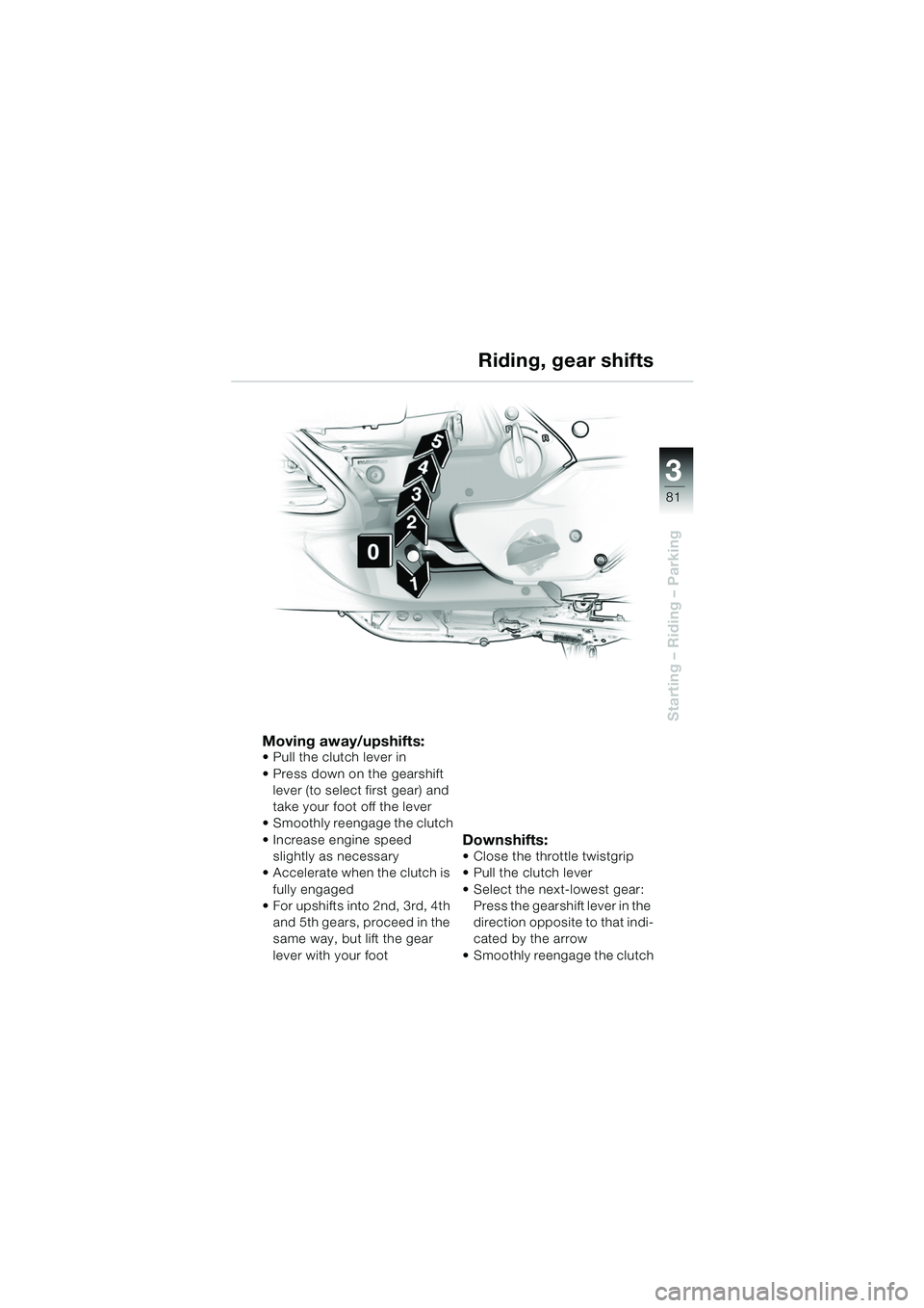 BMW MOTORRAD K 1200 LT 2005  Riders Manual (in English) 3
81
Starting – Riding – Parking
Riding, gear shifts
Moving away/upshifts: Pull the clutch lever in
 Press down on the gearshift lever (to select first gear) and 
take your foot off the lever
 