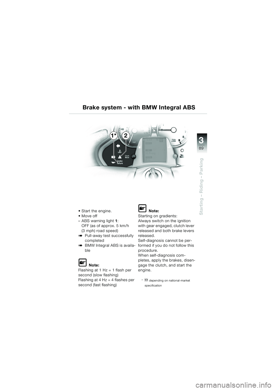 BMW MOTORRAD K 1200 LT 2005  Riders Manual (in English) 3
89
Starting – Riding – ParkingStart the engine.
 Move off 
– ABS warning light 1:
OFF (as of approx. 5 km/h 
(3 mph) road speed)
bPull-away test successfully 
completed
bBMW Integral ABS is 