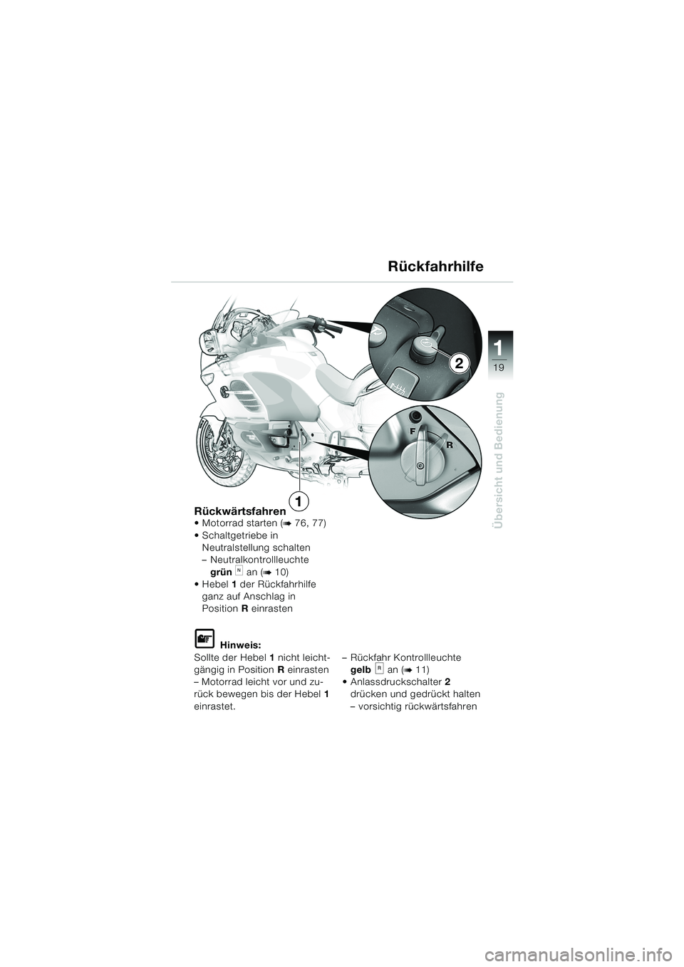 BMW MOTORRAD K 1200 LT 2005  Betriebsanleitung (in German) 19
Übersicht und Bedienung
1
Rückwärtsfahren Motorrad starten (b 76, 77)
 Schaltgetriebe in  Neutralstellung schalten
– Neutralkontrollleuchte 
grün  
k an (b 10)
 Hebel 1 der Rückfahrhilfe 