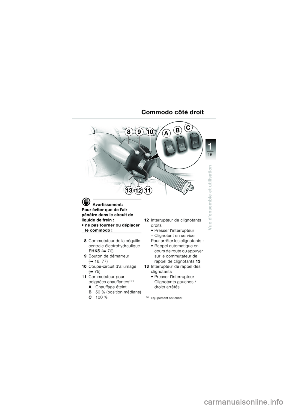 BMW MOTORRAD K 1200 LT 2005  Livret de bord (in French) 15
Vue d’ensemble et utilisation
1
d Avertissement:
Pour éviter que de lair 
pénètre dans le circuit de 
liquide de frein : 
 ne pas tourner ou déplacer 
le commodo !
8 Commutateur de la béqu