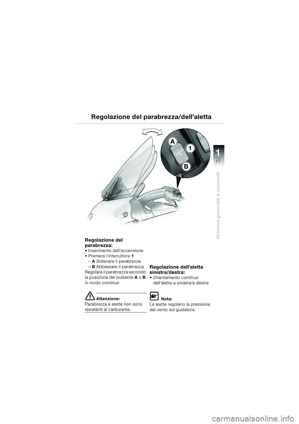 BMW MOTORRAD K 1200 LT 2005  Libretto di uso e manutenzione (in Italian) 17
Schema generale e comandi
1
A
B
1
Regolazione del parabrezza/dell’aletta
Regolazione del 
parabrezza:
 Inserimento dellaccensione
 Premere linterruttore
1
– A Sollevare il parabrezza
– B 