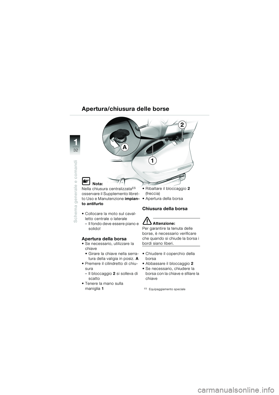 BMW MOTORRAD K 1200 LT 2005  Libretto di uso e manutenzione (in Italian) 32
Schema generale e comandi
1A
1
2
Apertura/chiusura delle borse
L Nota:
Nella chiusura centralizzataES 
osservare il Supplemento libret-
to Uso e Manutenzione  impian-
to antifurto
 Collocare la mo