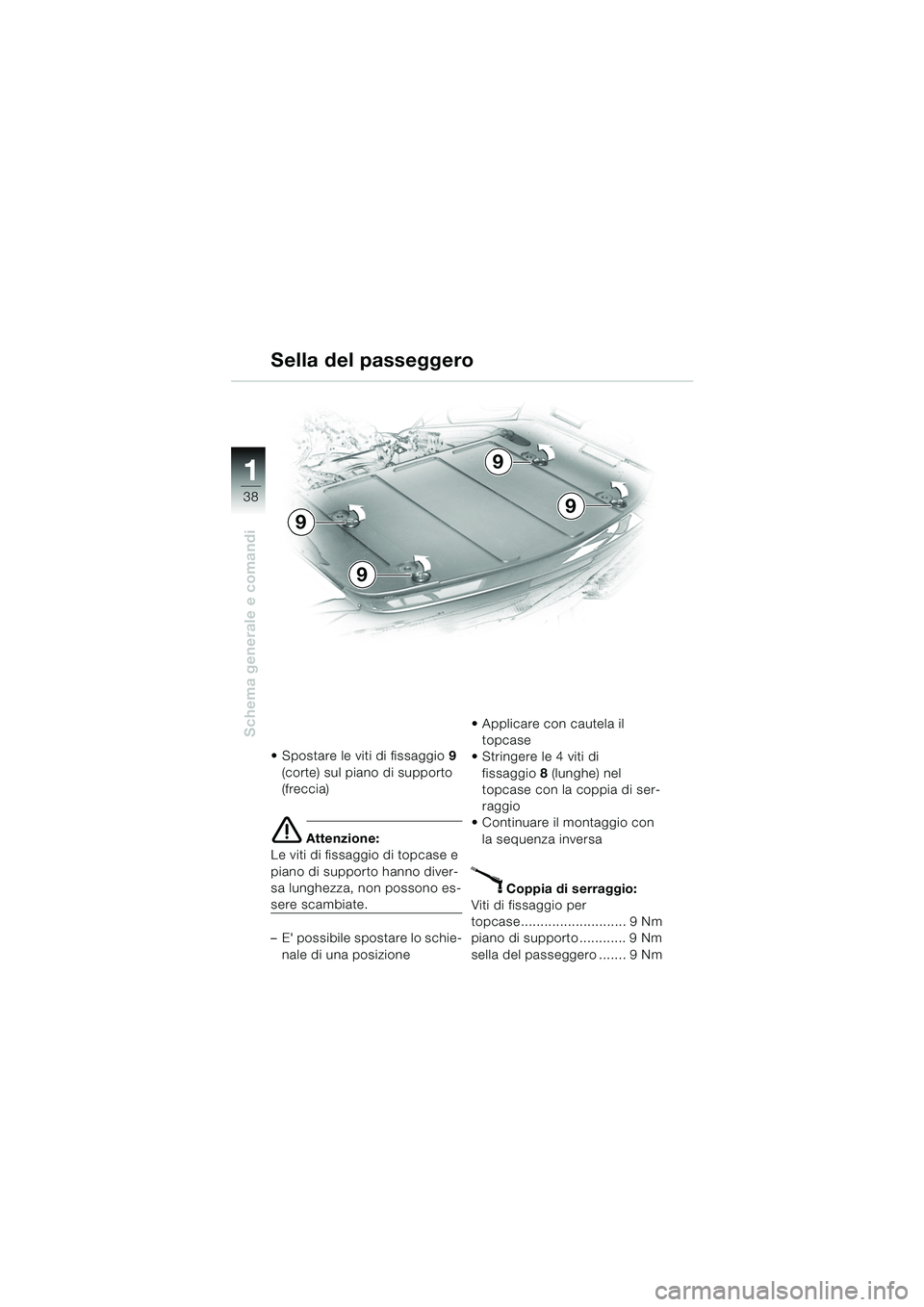 BMW MOTORRAD K 1200 LT 2005  Libretto di uso e manutenzione (in Italian) 38
Schema generale e comandi
1
Sella del passeggero
 Spostare le viti di fissaggio9 
(corte)  sul piano di supporto 
(freccia)
e Attenzione:
Le viti di fissaggio di topcase e 
piano di supporto hanno