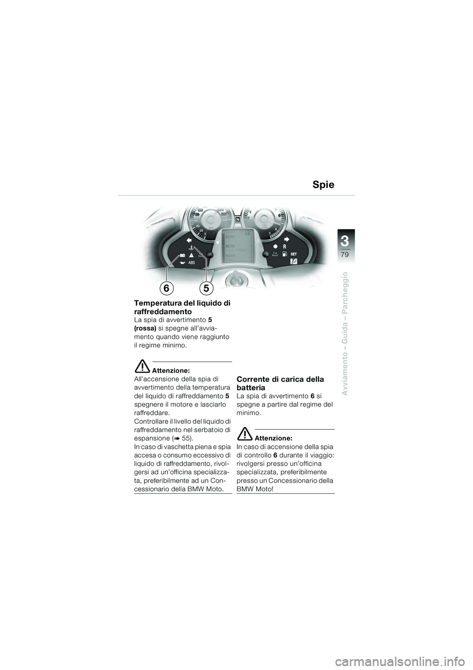 BMW MOTORRAD K 1200 LT 2005  Libretto di uso e manutenzione (in Italian) 3
79
Avviamento – Guida – Parcheggio
Spie
Temperatura del liquido di 
raffreddamento
La spia di avvertimento 5 
(rossa)  si spegne all’avvia-
mento quando viene raggiunto 
il regime minimo.
e At
