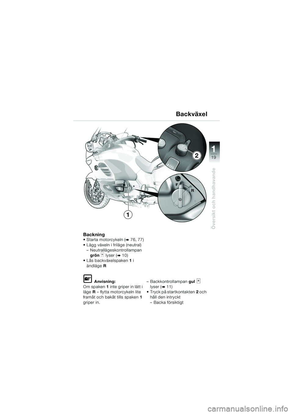 BMW MOTORRAD K 1200 LT 2005  Instruktionsbok (in Swedish) 19
Översikt och handhavande
1
Backning Starta motorcykeln (b76, 77)
 Lägg växeln i friläge (neutral) – Neutrallägeskontrollampan 
grön
k lyser (b10)
 Lås backväxelspaken 1 i 
ändläge R
