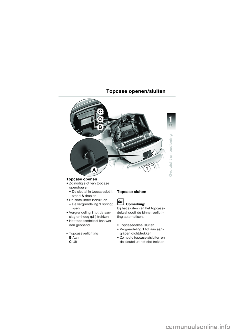BMW MOTORRAD K 1200 LT 2005  Handleiding (in Dutch) 33
Overzicht en bediening
1
A1
C
C
BTopcase openen/sluiten
Topcase openen Zo nodig slot van topcase 
opendraaien 
 De sleutel in topcaseslot in 
stand A draaien 
 De slotcilinder indrukken
– De v