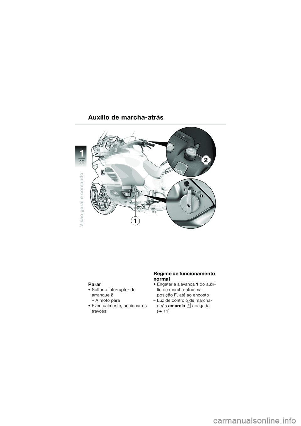 BMW MOTORRAD K 1200 LT 2005  Manual do condutor (in Portuguese) 20
Visão geral e comando
1
2
1
Parar Soltar o interruptor de arranque 2 
–A moto pára
 Eventualmente, accionar os 
travões
Regime de funcionamento 
normal
 Engatar a alavanca 1 do auxí-
lio d