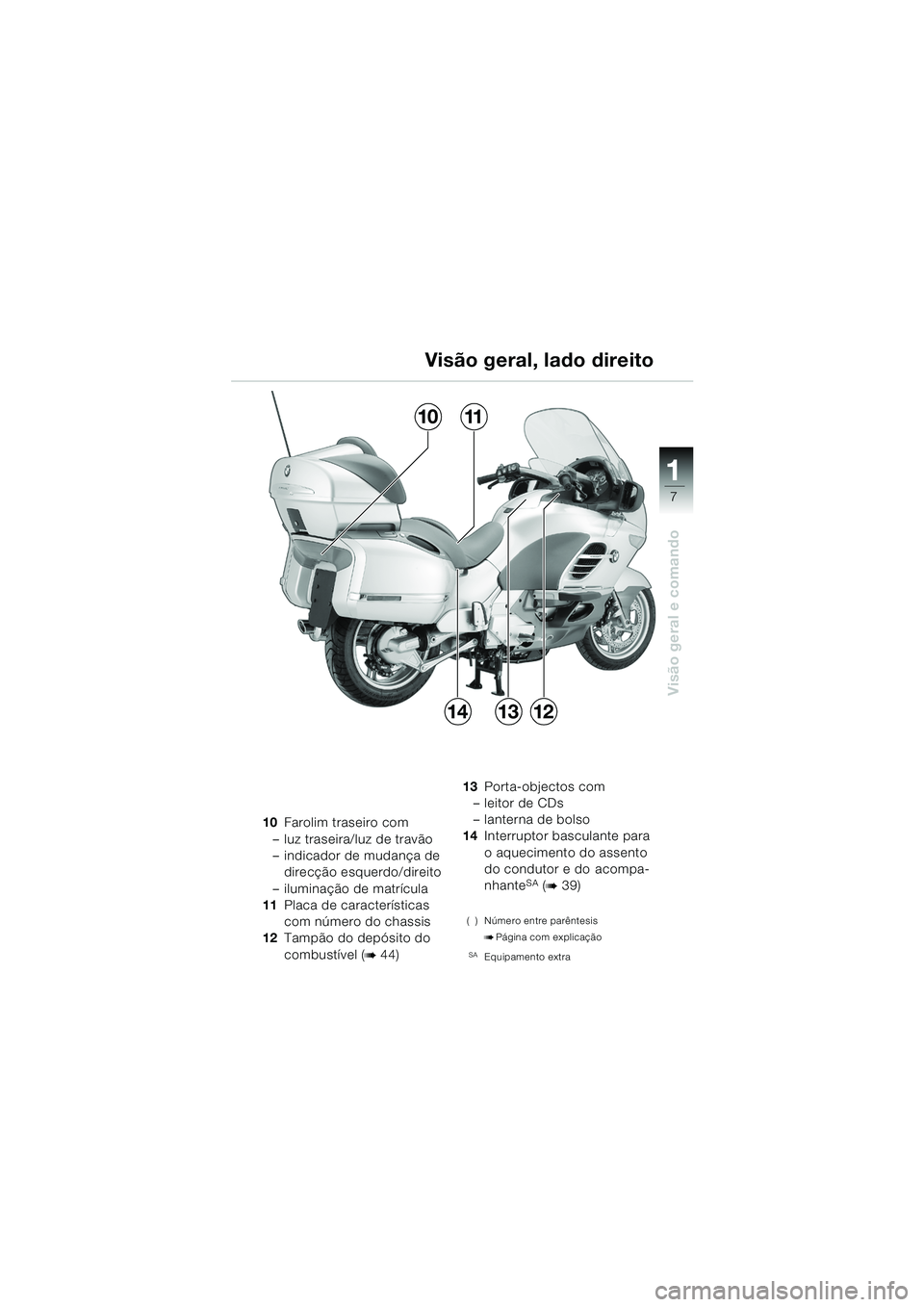 BMW MOTORRAD K 1200 LT 2005  Manual do condutor (in Portuguese) 7
Visão geral e comando
1
Visão geral, lado direito
10Farolim traseiro com
– luz traseira/luz de travão
– indicador de mudança de  direcção esquerdo/direito
– iluminação de matrícula
11