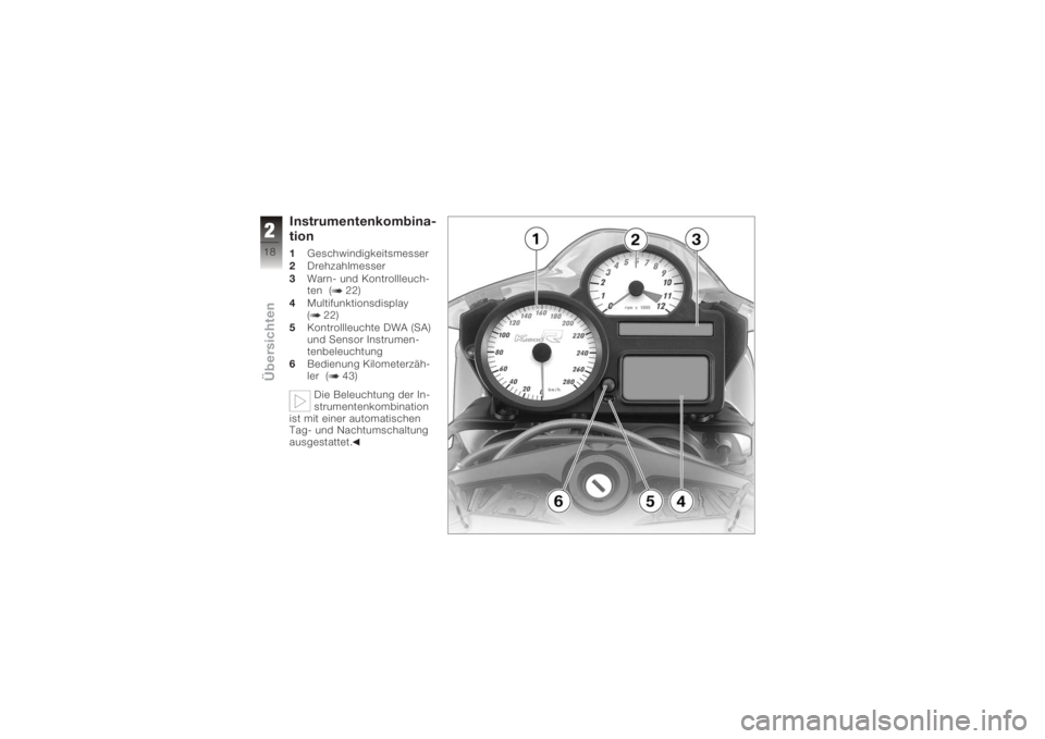 BMW MOTORRAD K 1200 R 2006  Betriebsanleitung (in German) Instrumentenkombina-
tion1Geschwindigkeitsmesser
2 Drehzahlmesser
3 Warn- und Kontrollleuch-
ten ( 22)
4 Multifunktionsdisplay
( 22)
5 Kontrollleuchte DWA (SA)
und Sensor Instrumen-
tenbeleuchtung
6 B