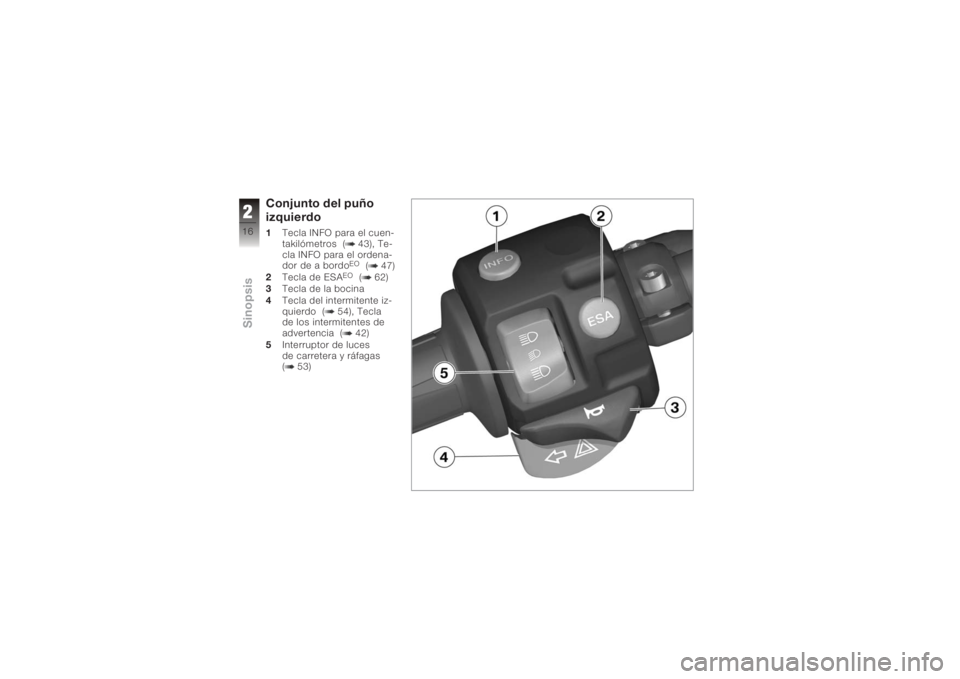 BMW MOTORRAD K 1200 R 2006  Manual de instrucciones (in Spanish) Conjunto del puño
izquierdo1Tecla INFO para el cuen-
takilómetros ( 43), Te-
cla INFO para el ordena-
dor de a bordo
EO
( 47)
2 Tecla de ESA
EO
( 62)
3 Tecla de la bocina
4 Tecla del intermitente iz
