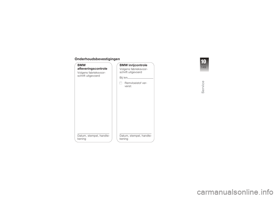BMW MOTORRAD K 1200 R 2006  Handleiding (in Dutch) OnderhoudsbevestigingenBMW
afleveringscontroleVolgens fabrieksvoor-
schrift uitgevoerd
Datum, stempel, handte-
kening
BMW inrijcontroleVolgens fabrieksvoor-
schrift uitgevoerd
Bij kmRemvloeistof ver-

