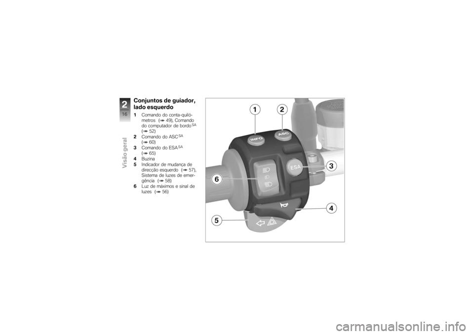 BMW MOTORRAD K 1200 R 2007  Manual do condutor (in Portuguese) Conjuntos de guiador,
lado esquerdo1Comando do conta-quiló-
metros ( 49), Comando
do computador de bordo
SA
( 52)
2 Comando do ASC
SA
( 60)
3 Comando do ESA
SA
( 65)
4 Buzina
5 Indicador de mudança 