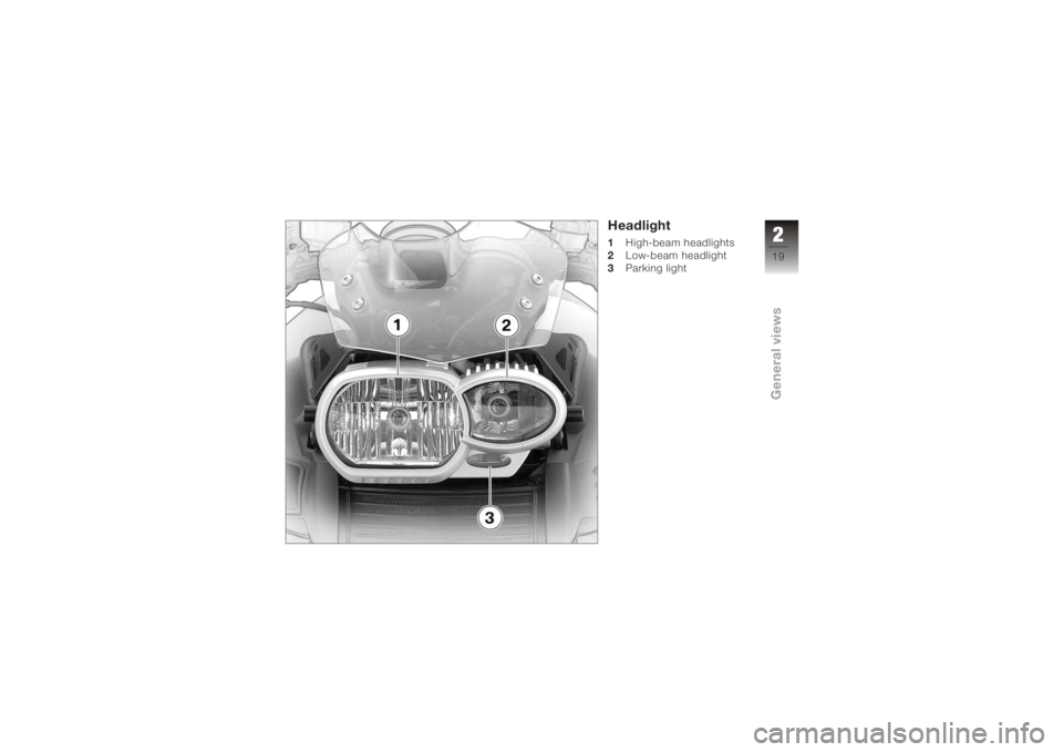 BMW MOTORRAD K 1200 R 2008  Riders Manual (in English) Headlight1High-beam headlights
2 Low-beam headlight
3 Parking light
219zGeneral views 