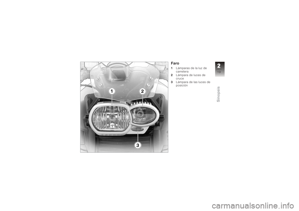 BMW MOTORRAD K 1200 R 2008  Manual de instrucciones (in Spanish) Faro1Lámparas de la luz de
carretera
2 Lámpara de luces de
cruce
3 Lámpara de las luces de
posición
219zSinopsis 