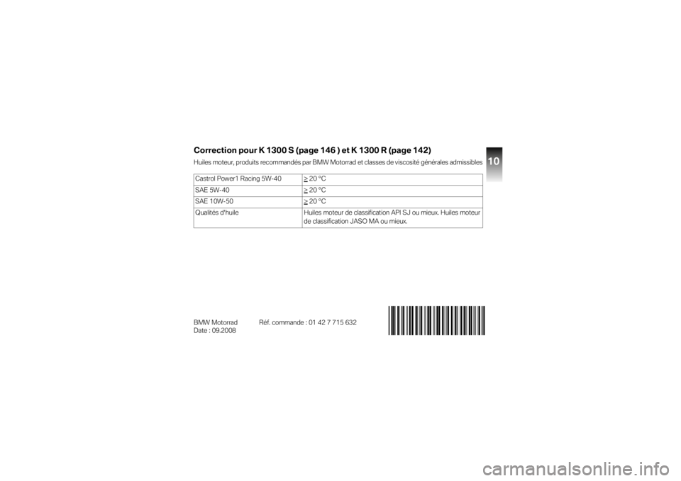 BMW MOTORRAD K 1300 R 2008  Livret de bord (in French) Correction pour K 1300 S (page 146 ) et K 1300 R (page 142) 
10
BMW Motorrad Réf. commande : 01 42 7 715 632 
Date : 09.2008  
01427715632
01427715632
Huiles moteur, produits recommandés par BMW Mot