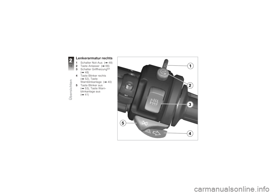 BMW MOTORRAD K 1200 S 2006  Betriebsanleitung (in German) Lenkerarmatur rechts1Schalter Not-Aus ( 48)
2 Taste Anlasser ( 66)
3 Schalter Griffheizung
SA
( 48)
4 Taste Blinker rechts
( 52), Taste
Warnblinkanlage ( 40)
5 Taste Blinker aus
( 53), Taste Warn-
bli