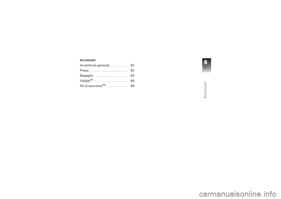 BMW MOTORRAD K 1200 S 2005  Libretto di uso e manutenzione (in Italian) Accessori
Avvertenze generali . . .......... 82
Presa ......................... 82
Bagaglio . . .................... 85
Valigie
AS
...................... 86
Kit di soccorso
AS
.............. 89
681zAc