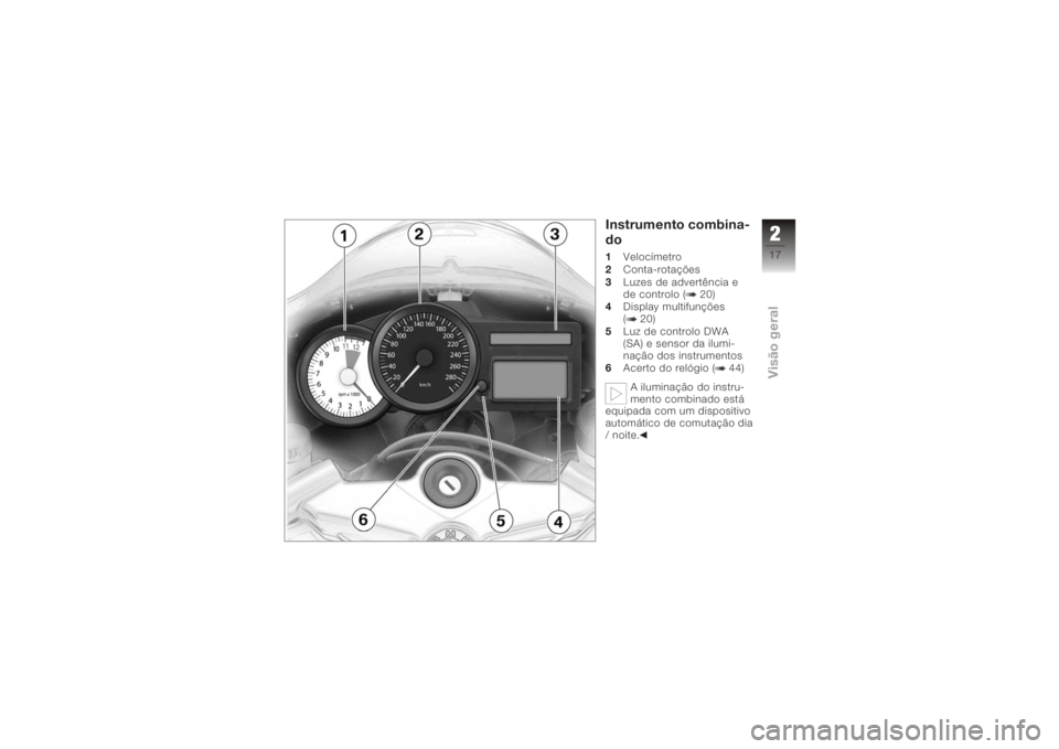 BMW MOTORRAD K 1200 S 2005  Instrukcja obsługi (in Polish) Instrumento combina-
do1Velocímetro
2 Conta-rotações
3 Luzes de advertência e
de controlo ( 20)
4 Display multifunções
( 20)
5 Luz de controlo DWA
(SA) e sensor da ilumi-
nação dos instrumento