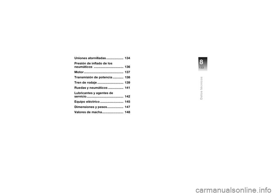 BMW MOTORRAD K 1200 S 2004  Manual de instrucciones (in Spanish) 8133
Datos técnicos
Uniones atornilladas ...................  134
Presión de inflado de los 
neumáticos .................................  136
Motor ............................................  13