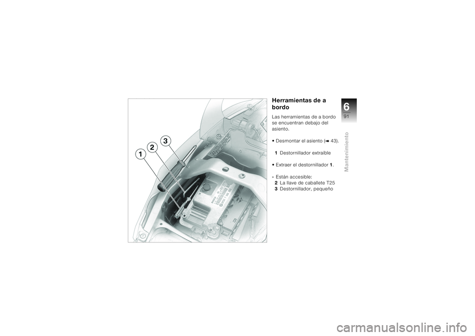 BMW MOTORRAD K 1200 S 2004  Manual de instrucciones (in Spanish) 691Mantenimiento
Herramientas de a bordo
Herramientas de a 
bordoLas herramientas de a bordo 
se encuentran debajo del 
asiento. 
• Desmontar el asiento (
b 43).
1Destornillador extraíble
• Extra