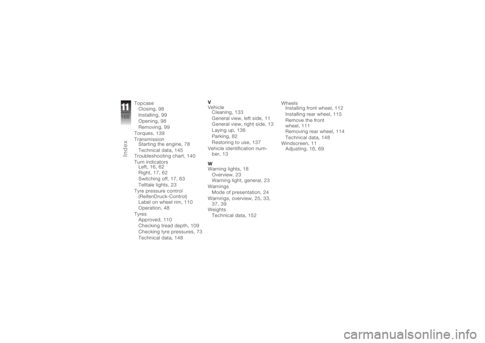 BMW MOTORRAD K 1200 GT 2006  Riders Manual (in English) TopcaseClosing, 98
Installing, 99
Opening, 98
Removing, 99
Torques, 139
Transmission Starting the engine, 78
Technical data, 145
Troubleshooting chart, 140
Turn indicators Left, 16, 62
Right, 17, 62
S