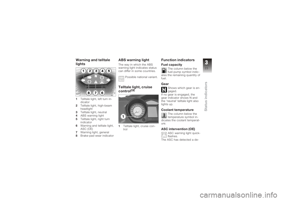 BMW MOTORRAD K 1200 GT 2006  Riders Manual (in English) Warning and telltale
lights1Telltale light, left turn in-
dicator
2 Telltale light, high-beam
headlight
3 Telltale light, neutral
4 ABS warning light
5 Telltale light, right turn
indicator
6 Warning a