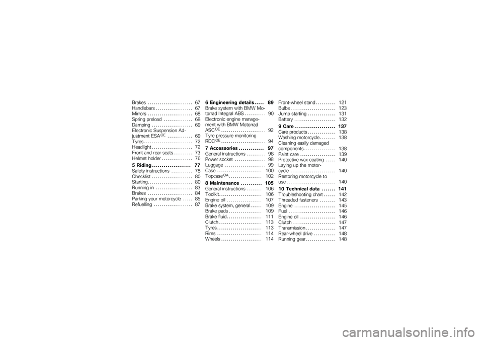 BMW MOTORRAD K 1200 GT 2007  Riders Manual (in English) Brakes . . . . . .................. 67
Handlebars . . ................. 67
Mirrors . . . . . . ................. 68
Spring preload . . ............. 68
Damping . . . . ................. 69
Electronic 