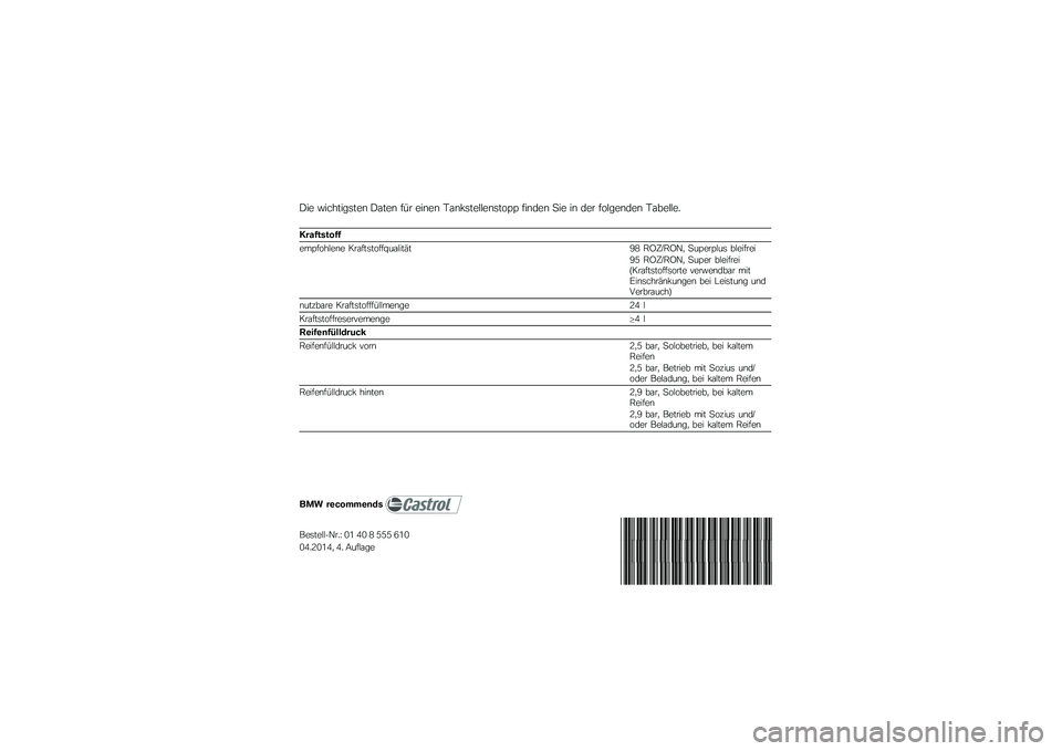 BMW MOTORRAD K 1200 GT 2007  Betriebsanleitung (in German) Die wichtigsten Daten für einen Tankstellenstopp finden Sie in der folgenden Tabelle.Kraftstoff
empfohlene Kraftstoffqualität98 ROZ/RON, Superplus bleifrei
95 ROZ/RON, Super bleifrei
(Kraftstoffsort